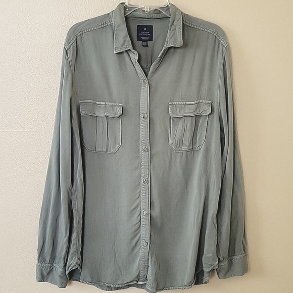 American Eagle Womens Olive Green Vintage Boyfriend Button Down Shirt - Size XL - Picture 1 of 8